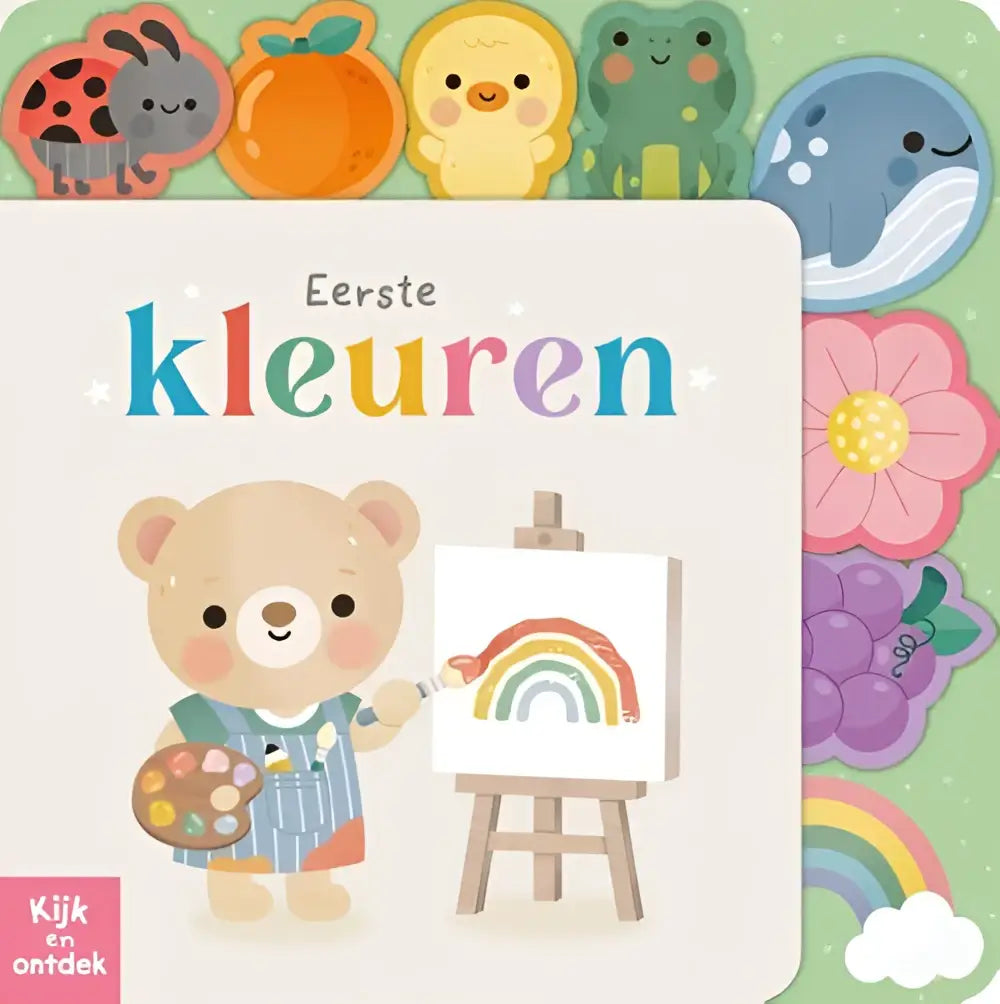 Een zacht beige beer in blauwe tuinbroek schildert een regenboog op een ezel in het nederlandstalig kartonboek eerste kleuren van hannah campling