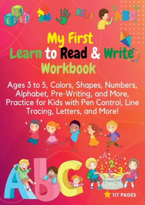 Mijn eerste werkboek leren lezen en schrijven engels met roze omslag en kleurrijke illustraties voor leren lezen kinderen 3-5 jaar