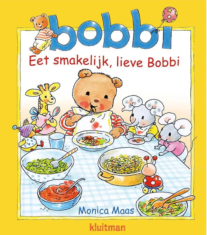 Gele kinderboekenomslag eet smakelijk lieve bobbi met blauwe titel en cartoonbeer bobbi in eetscène voor jonge lezers