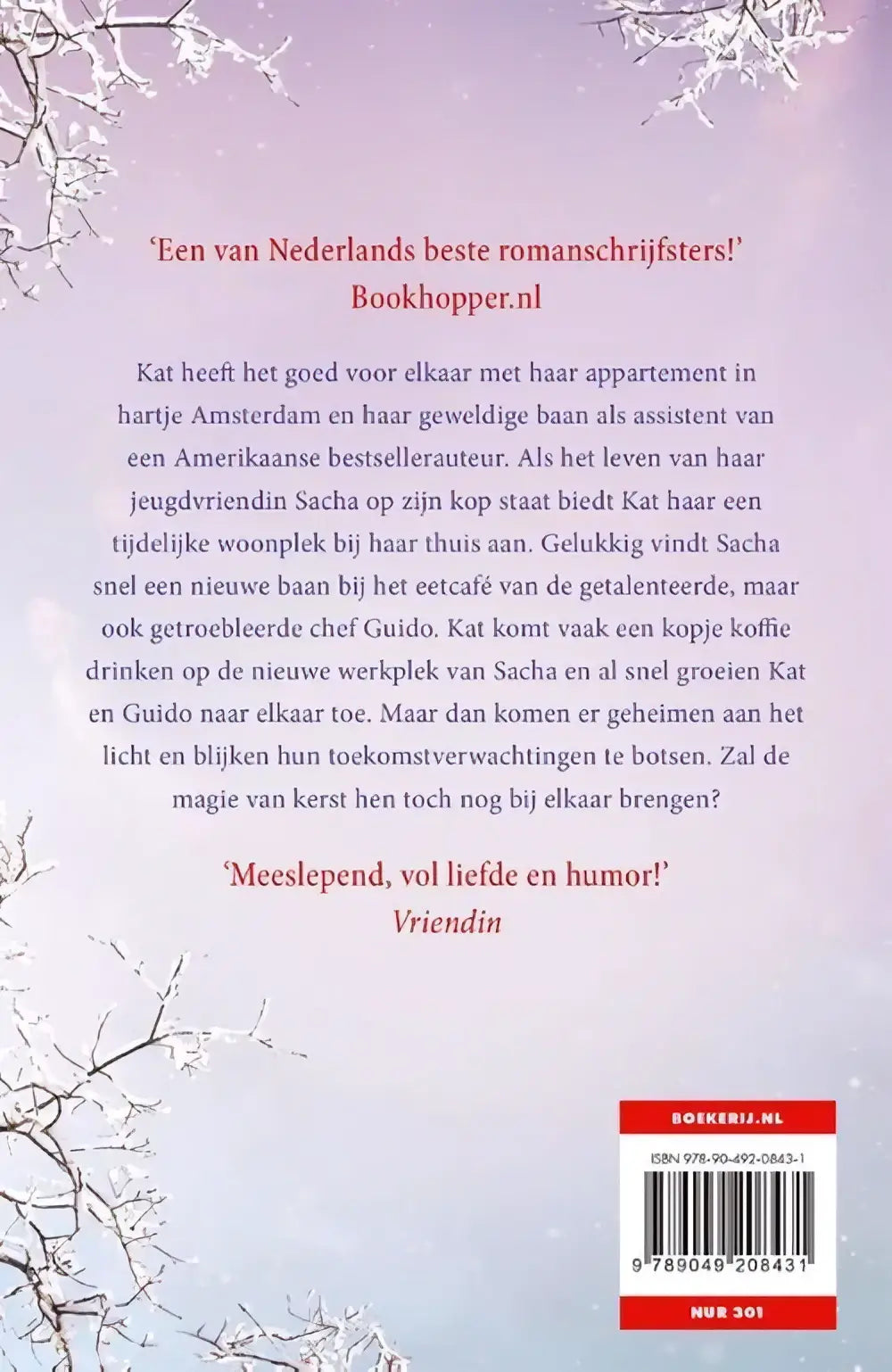 De achterkant van de Nederlandse roman Het eetcafé op de hoek met witte sneeuwtakken op lavendelkleurige achtergrond