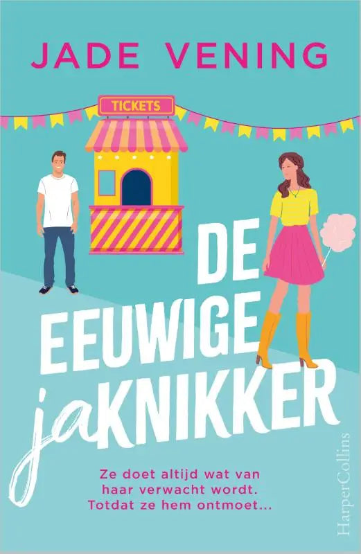 De eeuwige jaknikker boekcover toont een kleurrijke tekening van twee mensen bij een kermiskaartjesbalie op een lichtblauwe achtergrond