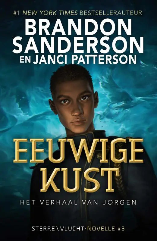 De boekcover van eeuwige kust toont een jonge man met donkerbruine huid in een zwarte jas van brandon sanderson sterrenvlucht novelles
