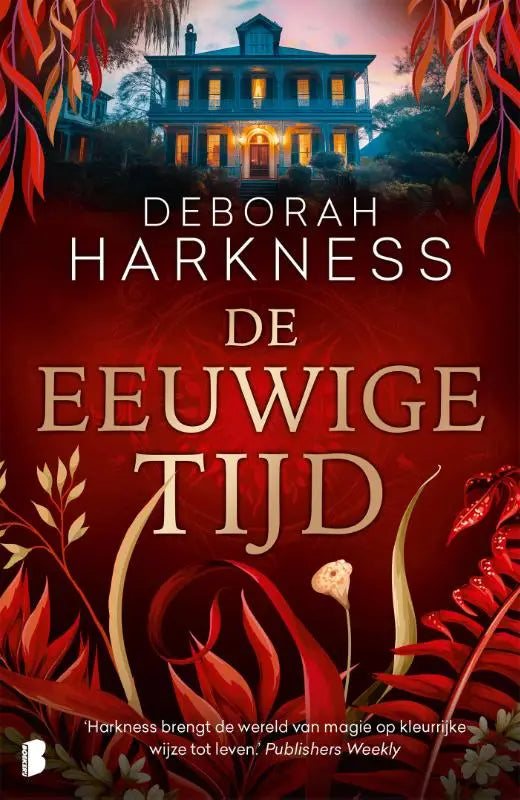 De eeuwige tijd boek met een groot blauw huis en verlichte ramen tegen een rood decor met oranje bladmotieven