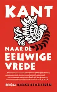 Rood boek met immanuel kant in witte letters en vogelillustratie onderdeel van de eeuwige vrede serie van koninklijke boom uitgevers