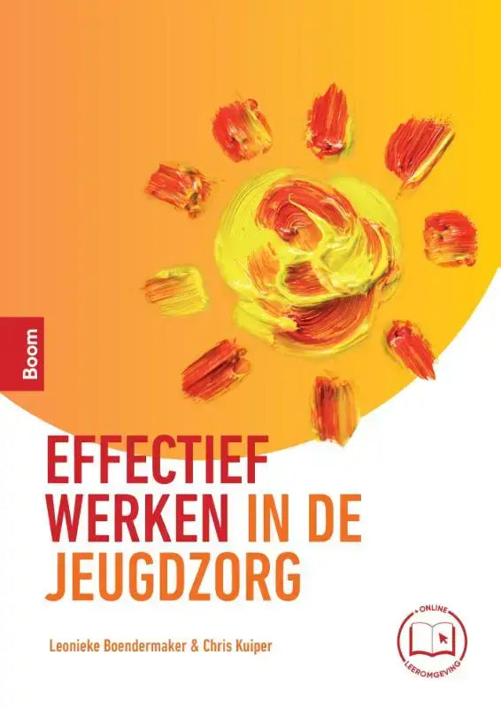 Effectief werken in de jeugdzorg boek met levendige zon in gele en rode penseelstreken op oranje verloop achtergrond