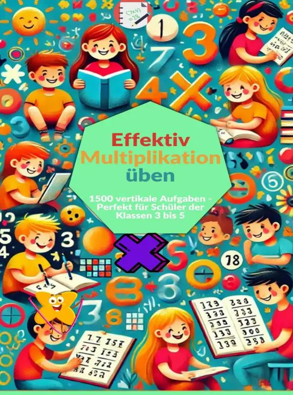 Vrolijke groene hexagonale omslag van een duits kinderwerkboek effectief multiplikation üben met vertikale aufgaben