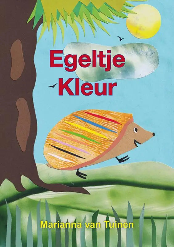 A cheerful cartoon hedgehog with a striped multicolored back on the cover of egeltje kleur for jonge lezers