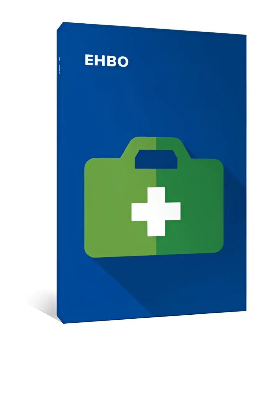 Blauwe ehbo software doos met groen verbanddoos pictogram en wit kruis voor eerste hulp gebruik