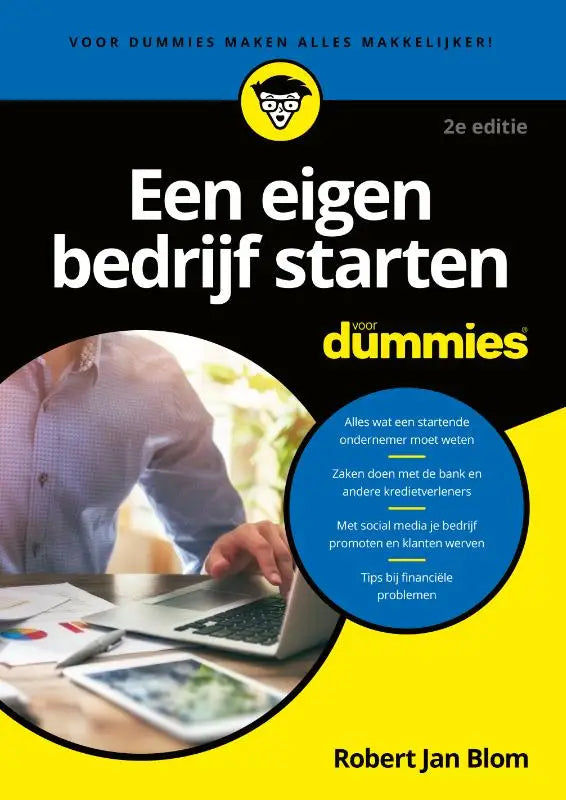 Voor dummies boek een eigen bedrijf starten 2e editie zwart en geel met laptopgebruik op omslag