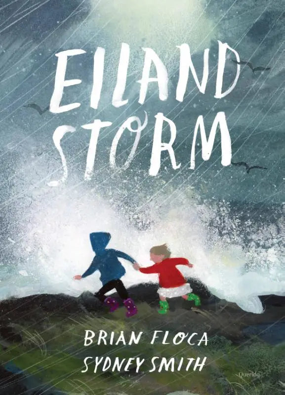 De boekcover van eiland storm door brian floca en sydney smith toont twee kinderen rennend door stormachtige zeeën, ideaal voor jonge lezers