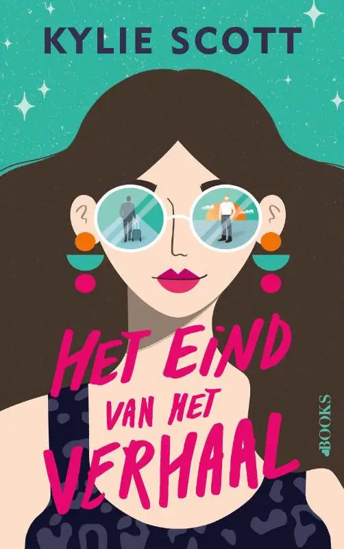 Een gestileerde illustratie van een vrouw met oversized ronde zonnebril en kleurrijke geometrische oorbellen voor het boek het eind van het verhaal door kylie scott over love books