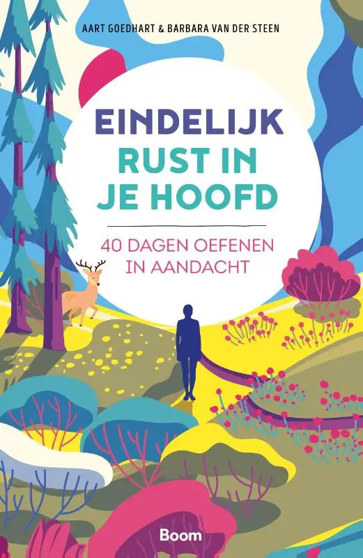 Een kleurrijke illustratie van het boek eindelijk rust in je hoofd met een bos en een hert voor 40 dagen oefenen in aandacht