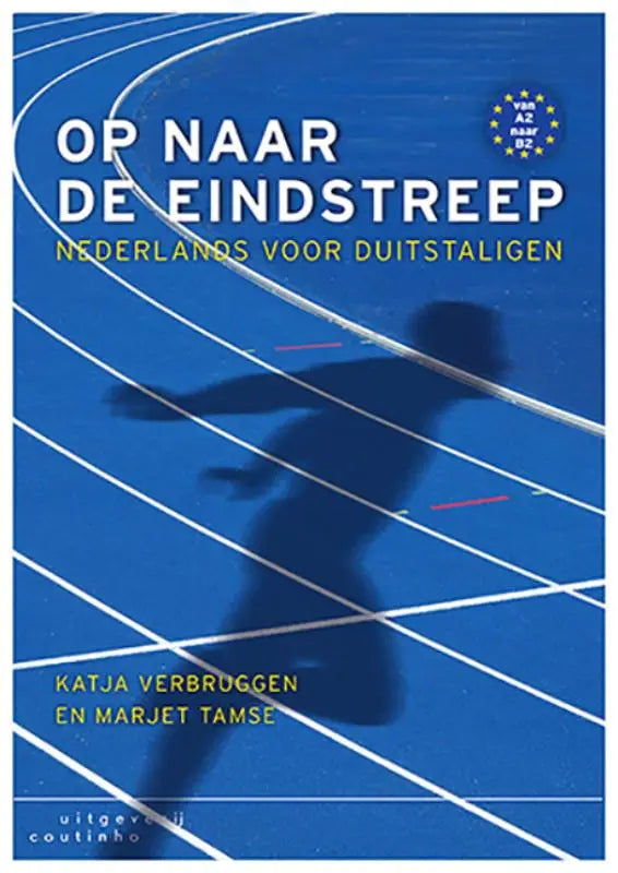 Blauw boek met silhouet van hardloper op atletiekbaan en witte en gele tekst voor Nederlands leren door Duitstaligen