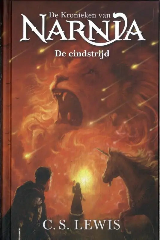 Cover van de nederlandse editie van De eindstrijd van c.s met illustratieve afbeelding in levendige kleuren