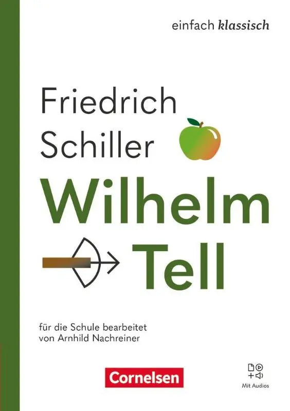 Groen-witte eenvoudig klassiek wilhelm tell boekcover met stiliseerde appel en audios voorlezen editie 2025