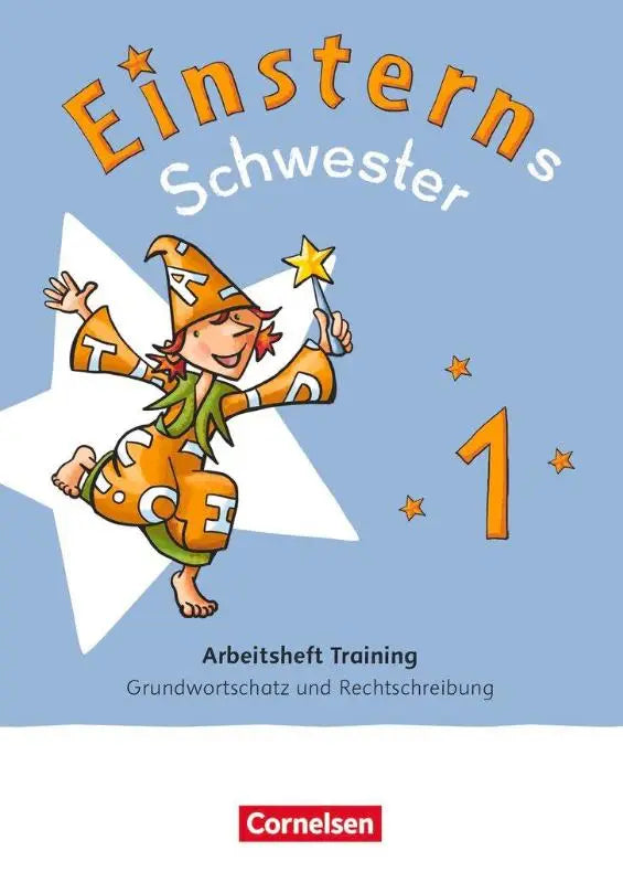 Oranje en groen eiensterns schwester cartoonfiguur met tovenaarsmuts en toverstaf voor grundwortschatz und rechtschreibung und ausgabe bayern trainingsheft