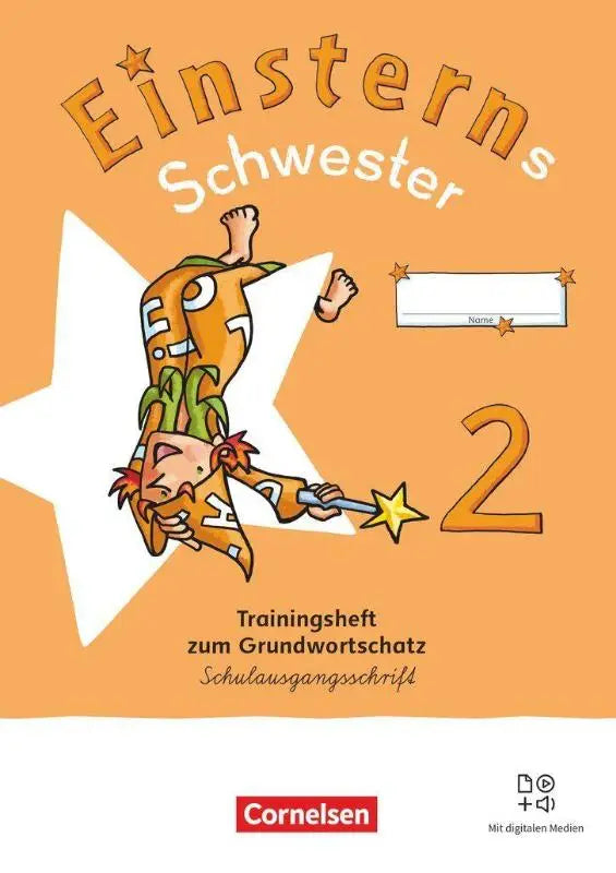 Oranje oefenboek einsterns schwester 2 met cartoonfiguur in oranje en groene haren voor sprache und lesen training