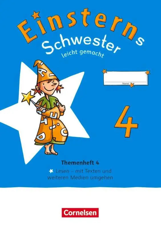 Felblauw kinderen werkboekcover met cartoontovenaar in oranje mantel en titel einsterns schwester voor sprache und leicht gemacht