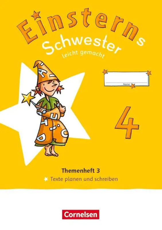 Heldere gele cover van einsterns schwester 4 workbook met cartoon tovenaar in oranje gewaad voor leicht gemacht sprache und lesen