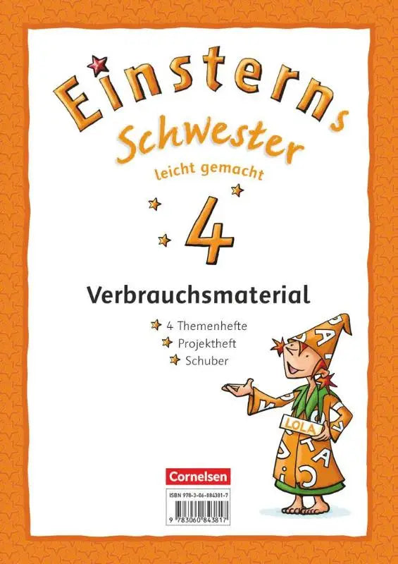 Oranje-wit kinderwerkboek einsterns schwester 4 met cartoonfiguur in oranje mantel voor sprache und lesen
