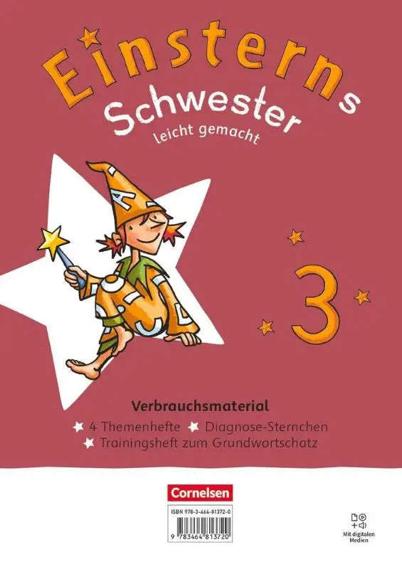 A cheerful cartoon wizard in an orange and green outfit holding a star wand on red background for einsterns schwester leicht