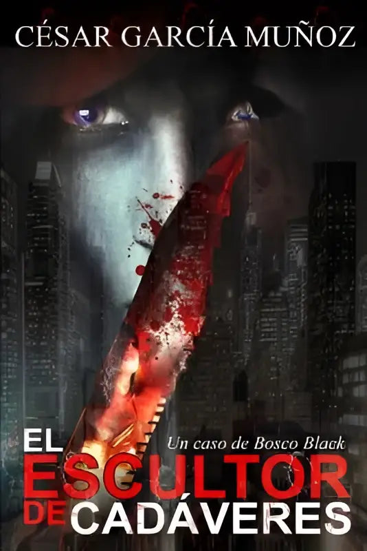 Donkere film poster van bosco black met gloeiende paarse irissen en een bebloed mes voor el escultor de cadáveres