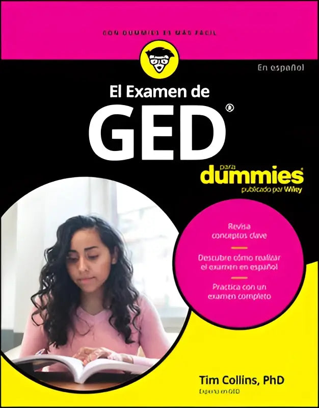 De cover van el examen de ged para dummies toont een vrouw in roze die studeert met zwarte en gele tekst