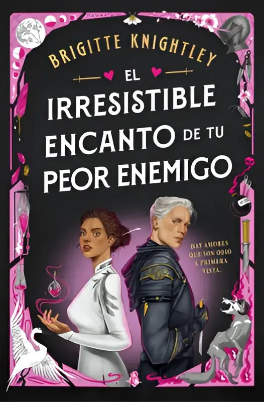 Het boek el irresistible encanto de tu peor enemigo toont een zwarte omslag met roze en witte decoraties en twee personages