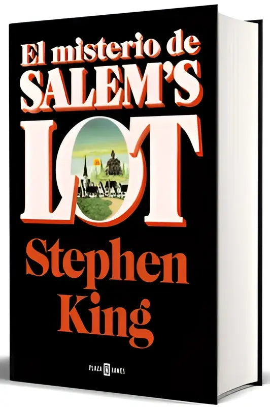 Zwarte hardcoverboek el misterio de salems lot met opvallende oranje en witte letters en cirkelvormige illustratie