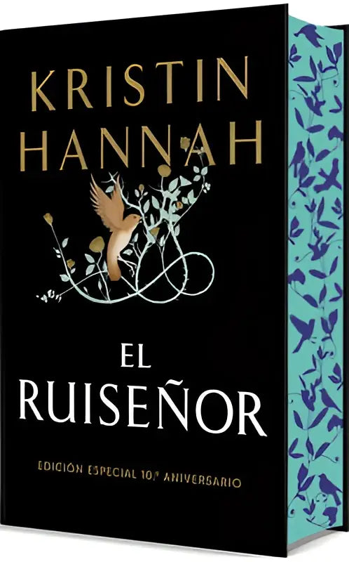 Zwarte hardcover boek met gouden letters en een delicate vogelillustratie op de voorkant en een teal patroonrug van de edición especial el ruiseñor the nightingale anniversary special edition