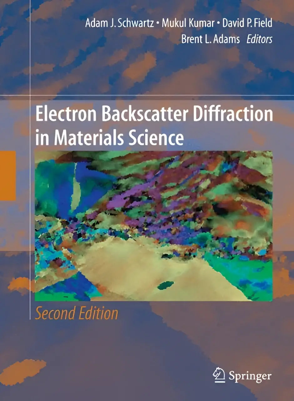 Academisch studieboek electron backscatter diffraction met abstracte wetenschappelijke afbeelding in blauw groen paars en oranje