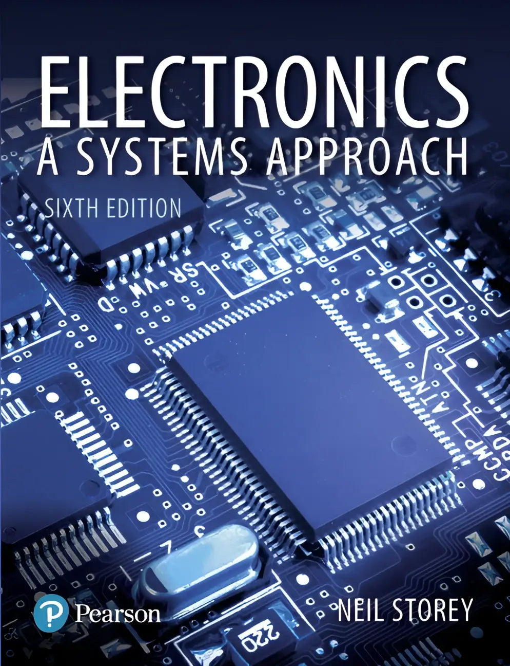 Blauw circuitboard met geïntegreerde schakelingen en microchips in het boek electronics een systems approach