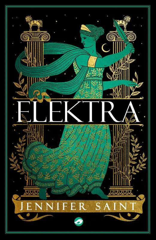 Boekcover van elektra van jennifer saint nederlandse editie met een teal en gouden illustratie van de griekse godin