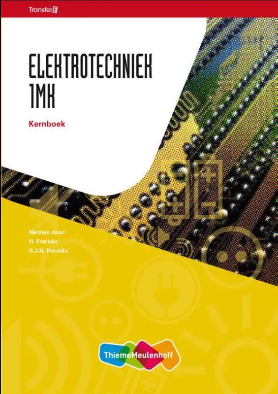 Gele elektrotechniek 1mk studieboek met witte curved panel en afbeelding van elektronische schakelingen