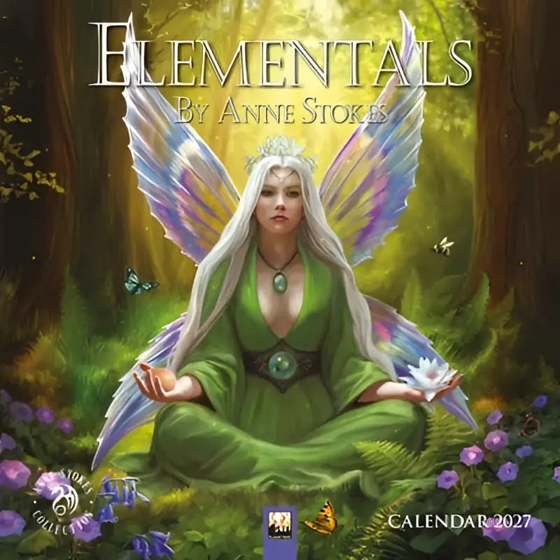 A 2027 mini wall calendar by anne stokes featuring a fantasy fairy with iridescent purple and blue wings