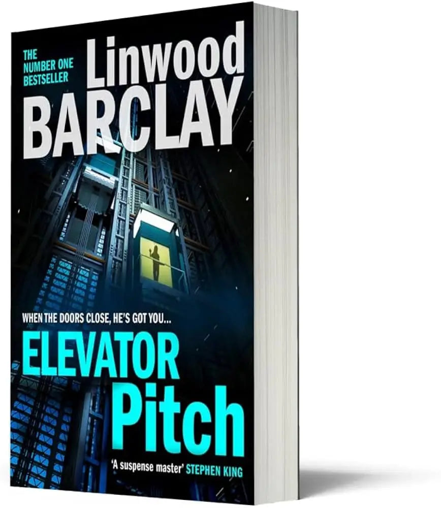 Zwart hardcoverboek elevator pitch met teal en witte tekst en illustratie van een liftshaft in New York