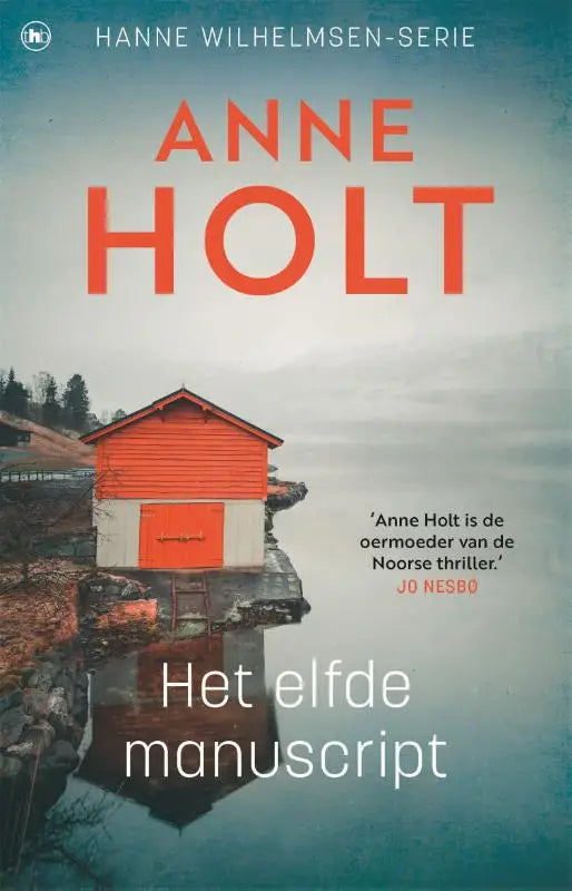 Een rood houten huis met witte onderkant op een rotsachtige klif weerspiegelt in water bij het elfde manuscript