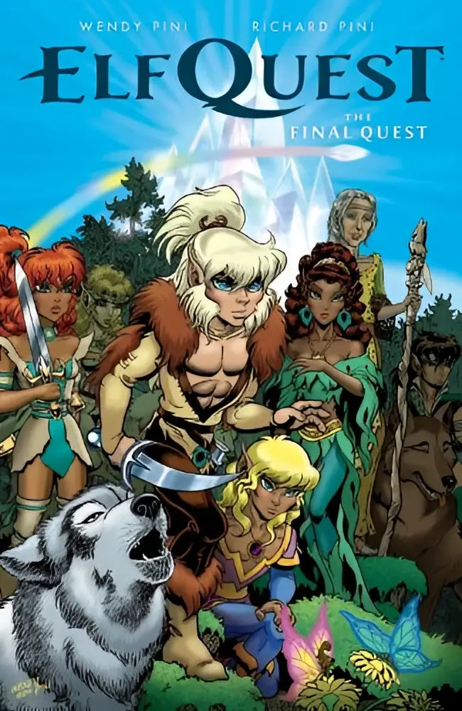 De cover van elfquest the final quest comicboek toont kleurrijke fantasypersonages in gedetailleerde illustraties