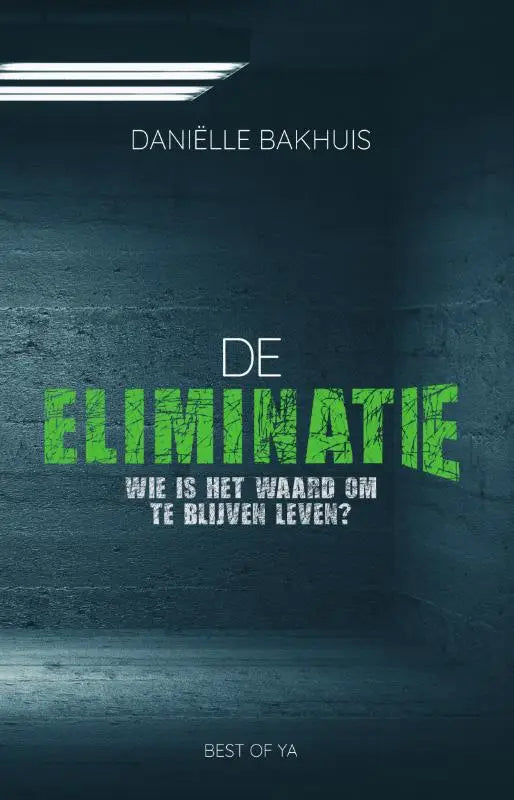 De eliminatie boekcover met titel in groene distressed letters op een donkere betonnen achtergrond voor jonge lezers