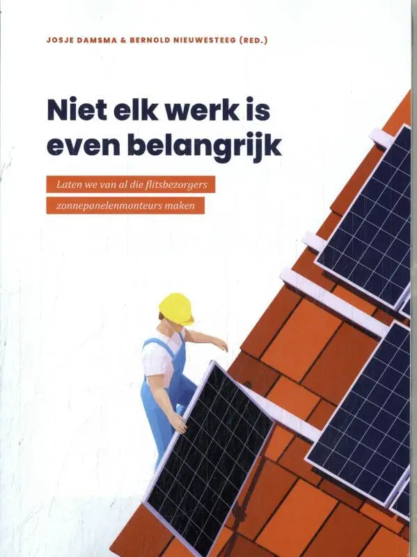 Illustratie van een zonnepanelenmonteur in blauwe overall en gele helm die donkerblauwe panelen op oranje dak plaatst flitsbezorgers