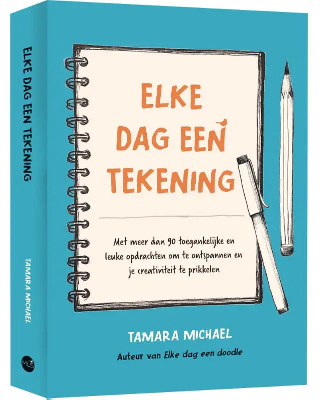 Een turquoise spiraalgebonden boek elke dag een tekening met een geïllustreerde kaft van een notitieboek, potlood en pen