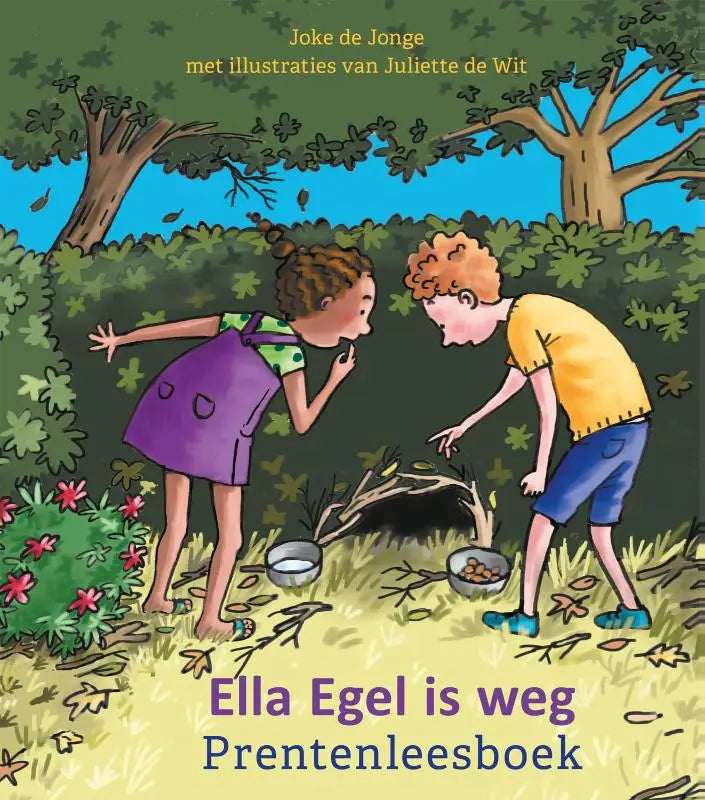 Illustratie van een paarse schort met groene patroonbanden gedragen door een kind op de cover van ella egel is weg prentenleesboek