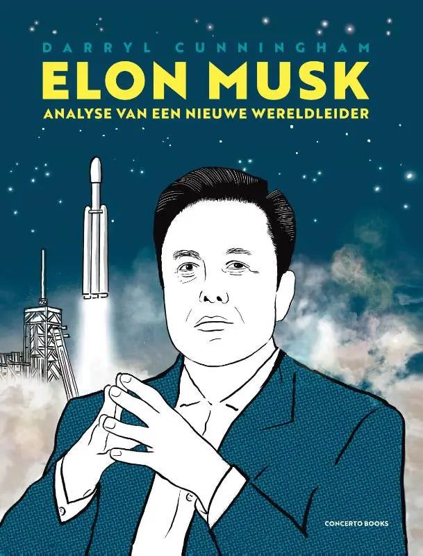 Blauw geïllustreerd boekcover met stylized portret van elon musk voor een raketlancering in nieuwe wereldleider product