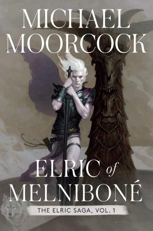 Fantasy boekcover van elric saga part 1 met een witharige krijger in donkere ornaten harnas bij een knoestige boom