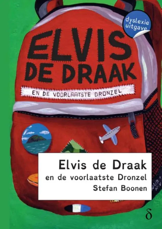 Rood rugzak met zwarte letters en witte rand, versierd met kleurrijke patches, geschikt voor voorlaatste dronzel fans