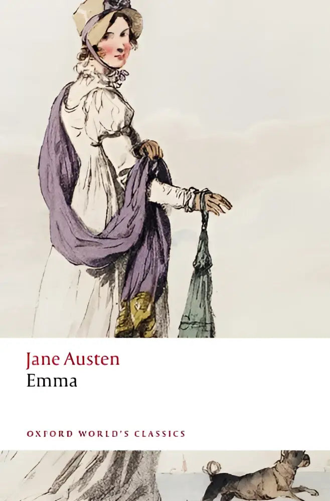 Boekomslag van austen finest and most geliefde emma met aquarel illustratie van vrouw in achttiende-eeuwse witte jurk en paarse sjaal