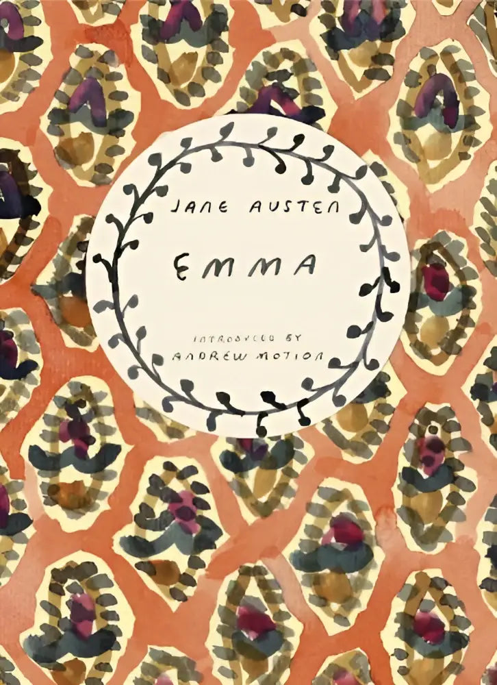A vintage classics austen hardcover book emma by jane austen with a white circular label and black vine border