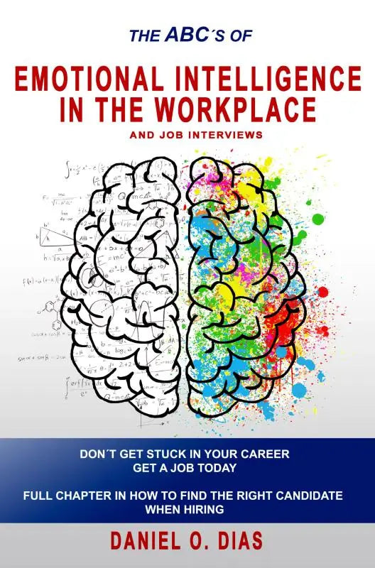 Boekcover van emotional intelligence in the workplace en job interviews met een split-hersenillustratie in zwart-wit en regenboogkleuren