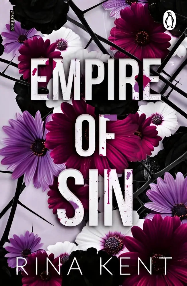 De boekcover van empire of sin door rina kent toont witte tekst op een paars-magenta achtergrond met zwarte stelen in de dark romance empire series