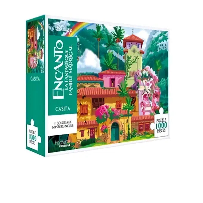 Vibrante kleurrijke Encanto mysteriepuzzel met fantasiekasteel in roze en geel omgeven door bloemen en groen